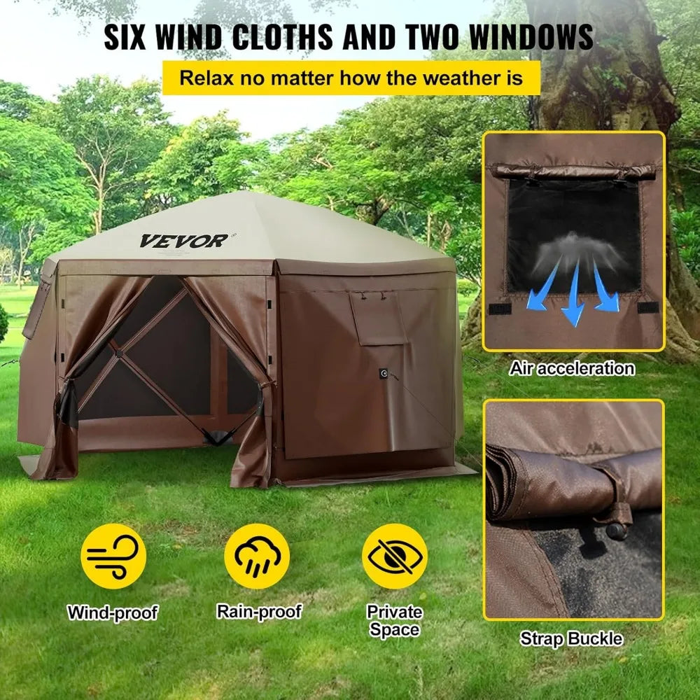 Camping Gazebo Screen Tent 10x10ft 6 Sided Pop Up Canopy Shelter with Mesh Windows Portable Carry Bag and Stakes Large