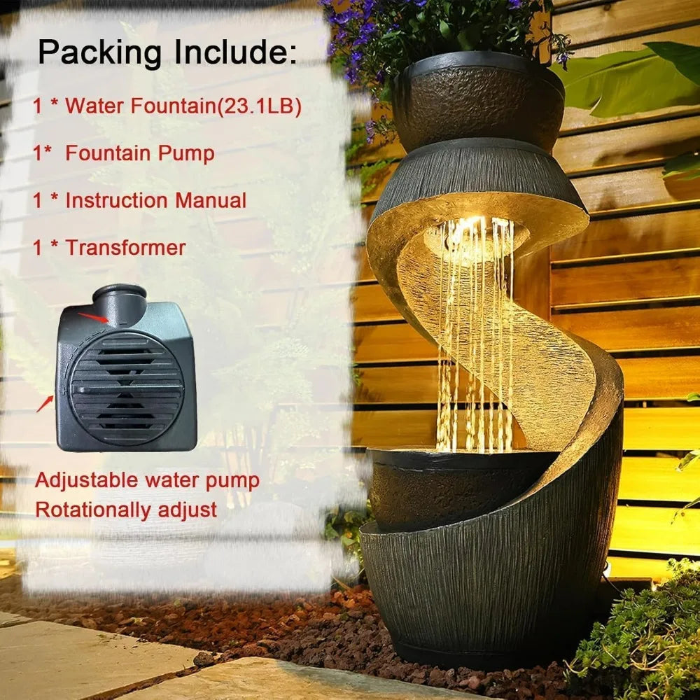 31.9" S-Shaped Water Outdoor Fountain–Modern Cascading Waterfall Feature with LED Lights & Planter Bowl, Garden Fountains Outdoo