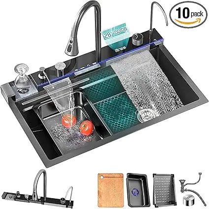 33x22 Inch Nano Black Kitchen Single Bowl Sink With Flying Rain Waterfall, Integrated Workstation, Pull-Out Tap, Drain Basket, T