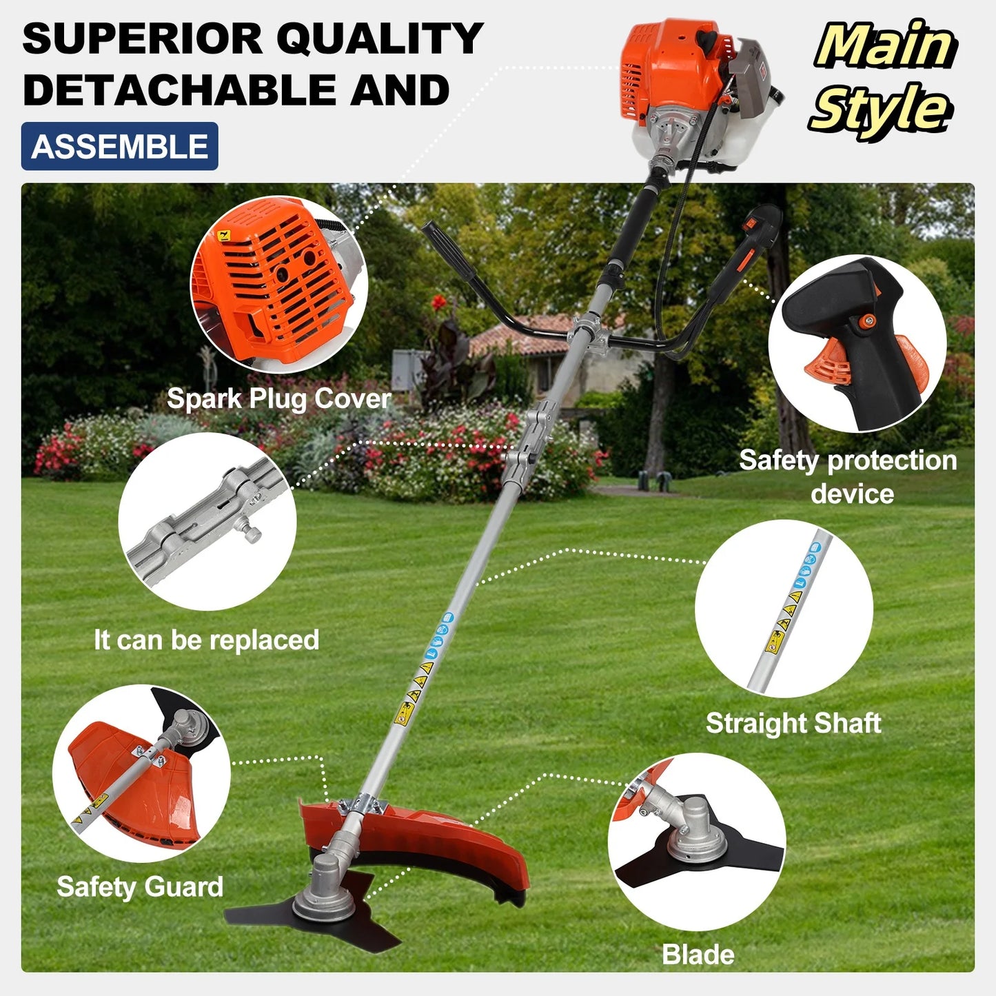 2200W Cordless Petrol Weed Eater 52CC 8500RPM Ergonomic String Trimmer Low Noise 2 In 1 Lawn Mower Machine