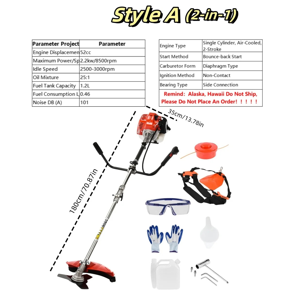 2200W Cordless Petrol Weed Eater 52CC 8500RPM Ergonomic String Trimmer Low Noise 2 In 1 Lawn Mower Machine
