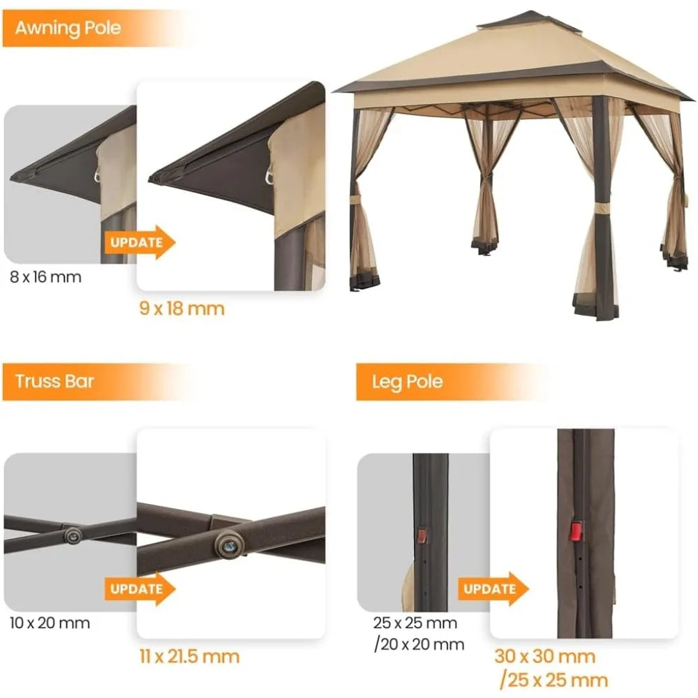 11x11 Pop Up Gazebo Outdoor Canopy Shelter Instant Patio Gazebo Sun Shade Canopy Tent with 4 Sandbags Double Tiers and Mesh Net