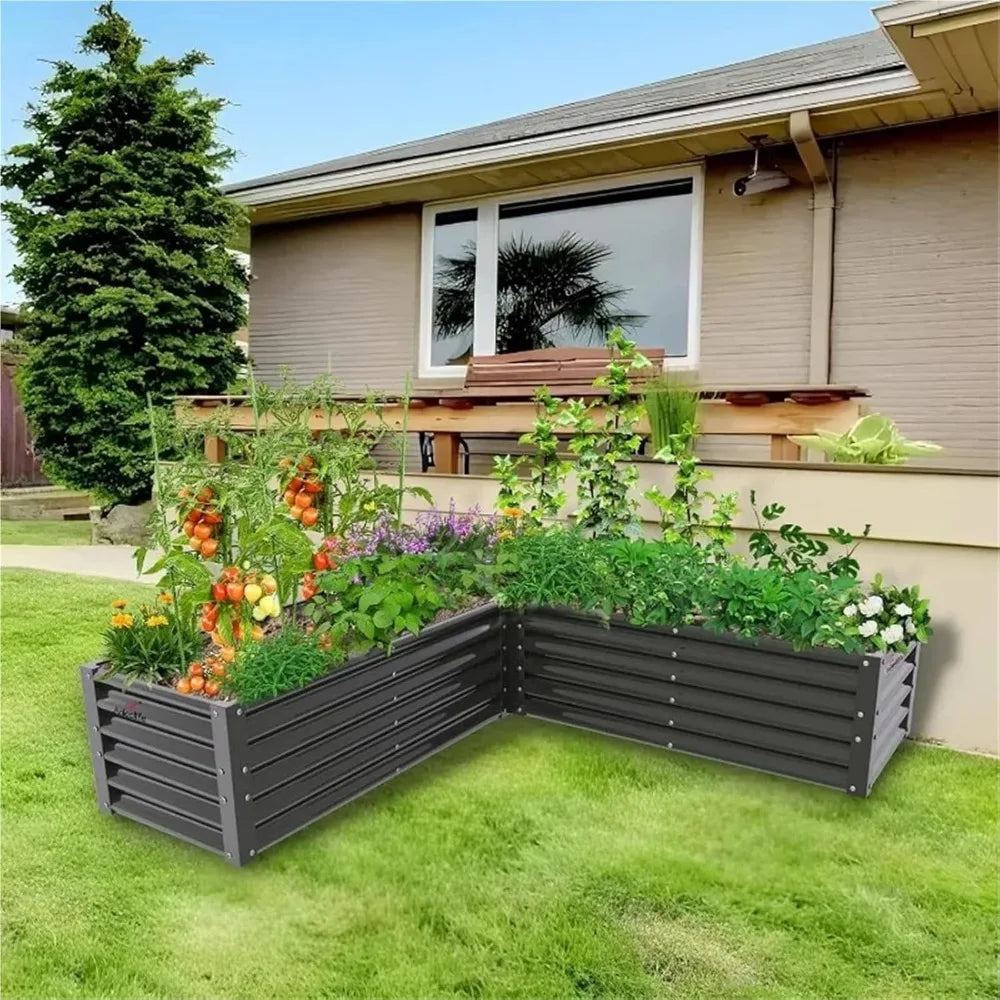 L Shaped Galvanized Raised Garden Beds Outdoor 74x74x18in Large Metal Planter Box for Planting Vegetables and Flowers