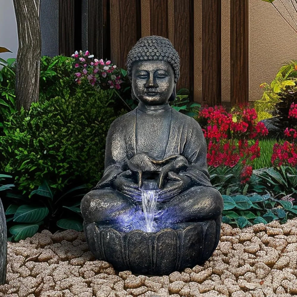 Buddha Water Fountain 28.3 Inch Zen Garden Decor Meditating Buddha Waterfall Relaxing Indoor Outdoor Feature with LED Light