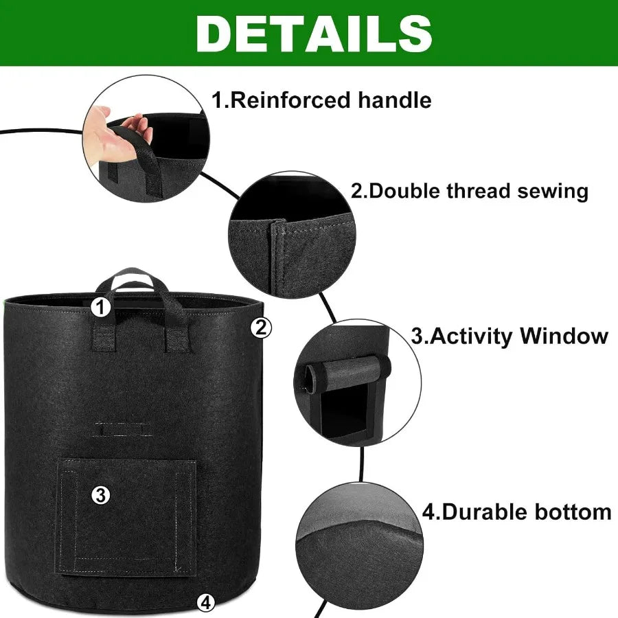 4Pack 10 Gallon Potato Grow Bags with Flap Window Heavy Duty Aeration Fabric Pots with Handles for Garden and Planting Black