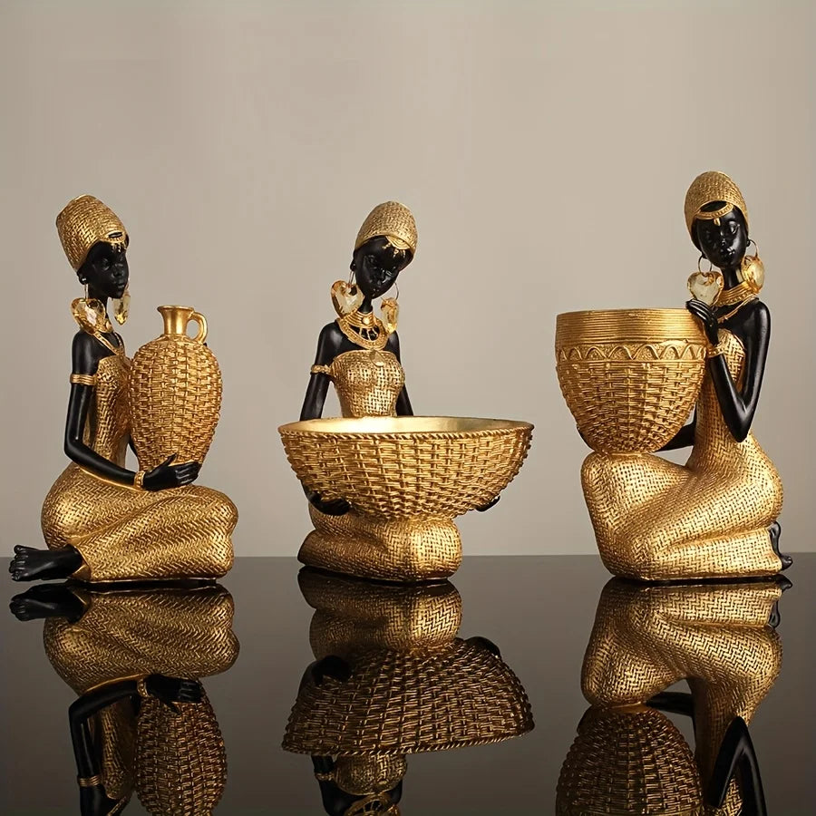 African Lady Resin Figurine with Woven Texture, Home decoration, Elegant Golden Black Sculpture, Decorative Statue For Gift