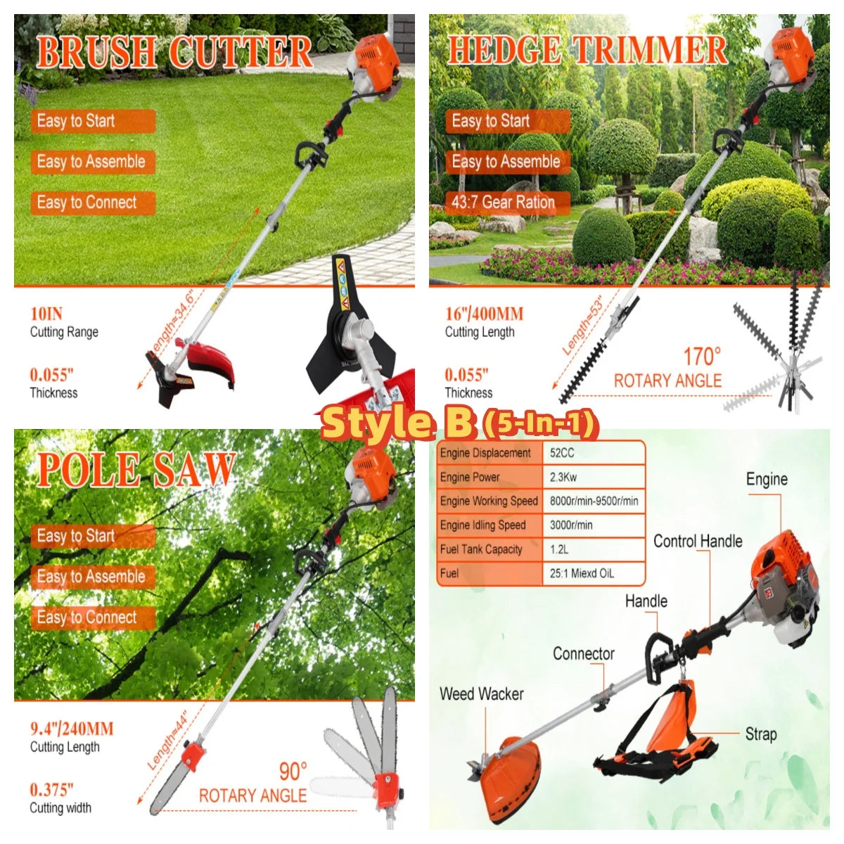 2200W Cordless Petrol Weed Eater 52CC 8500RPM Ergonomic String Trimmer Low Noise 2 In 1 Lawn Mower Machine