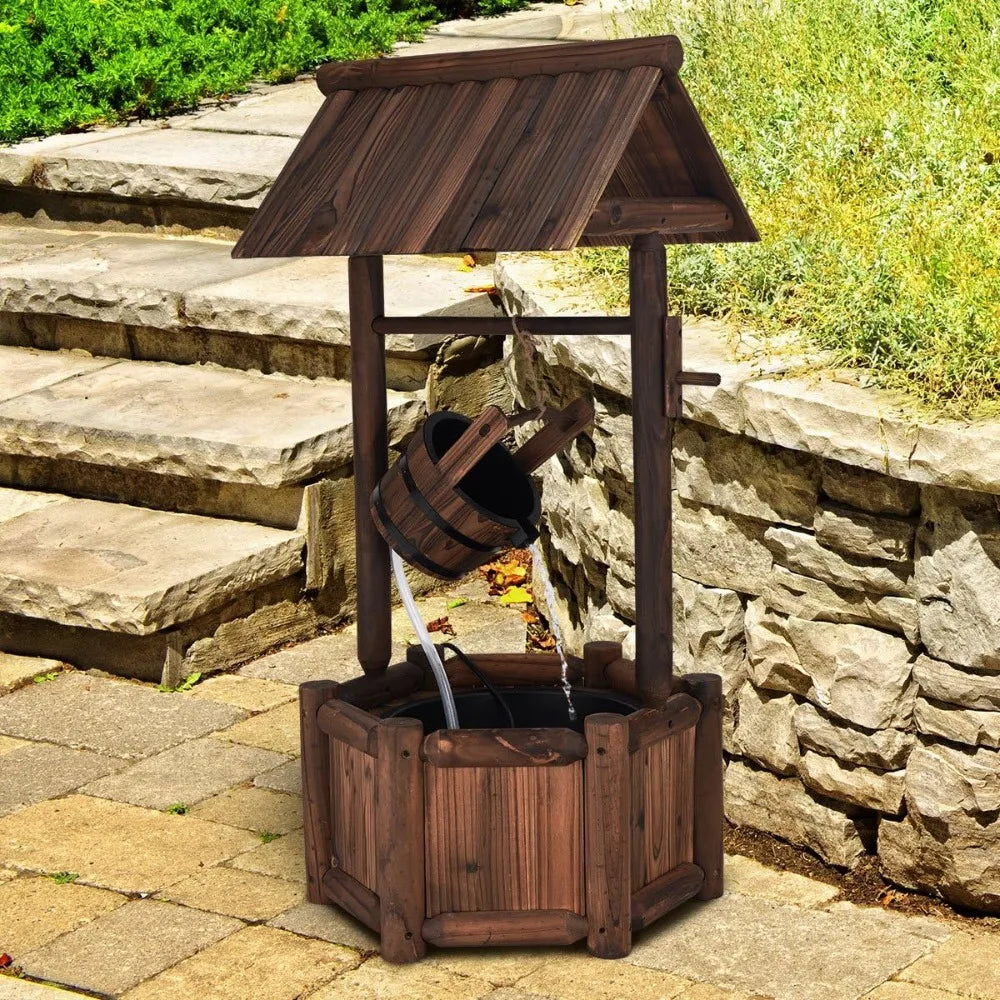 Wishing Well Water Fountain, Rustic Wood Outdoor Waterfall Fountain with UL Certificated, Garden Wishing Well, Electric Pump Wi