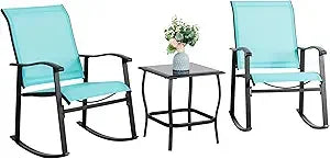 3 Piece Outdoor Rocking Bistro Set Textilene Fabric Small Patio Furniture Set Front Porch Rocker Chairs Conversation Set