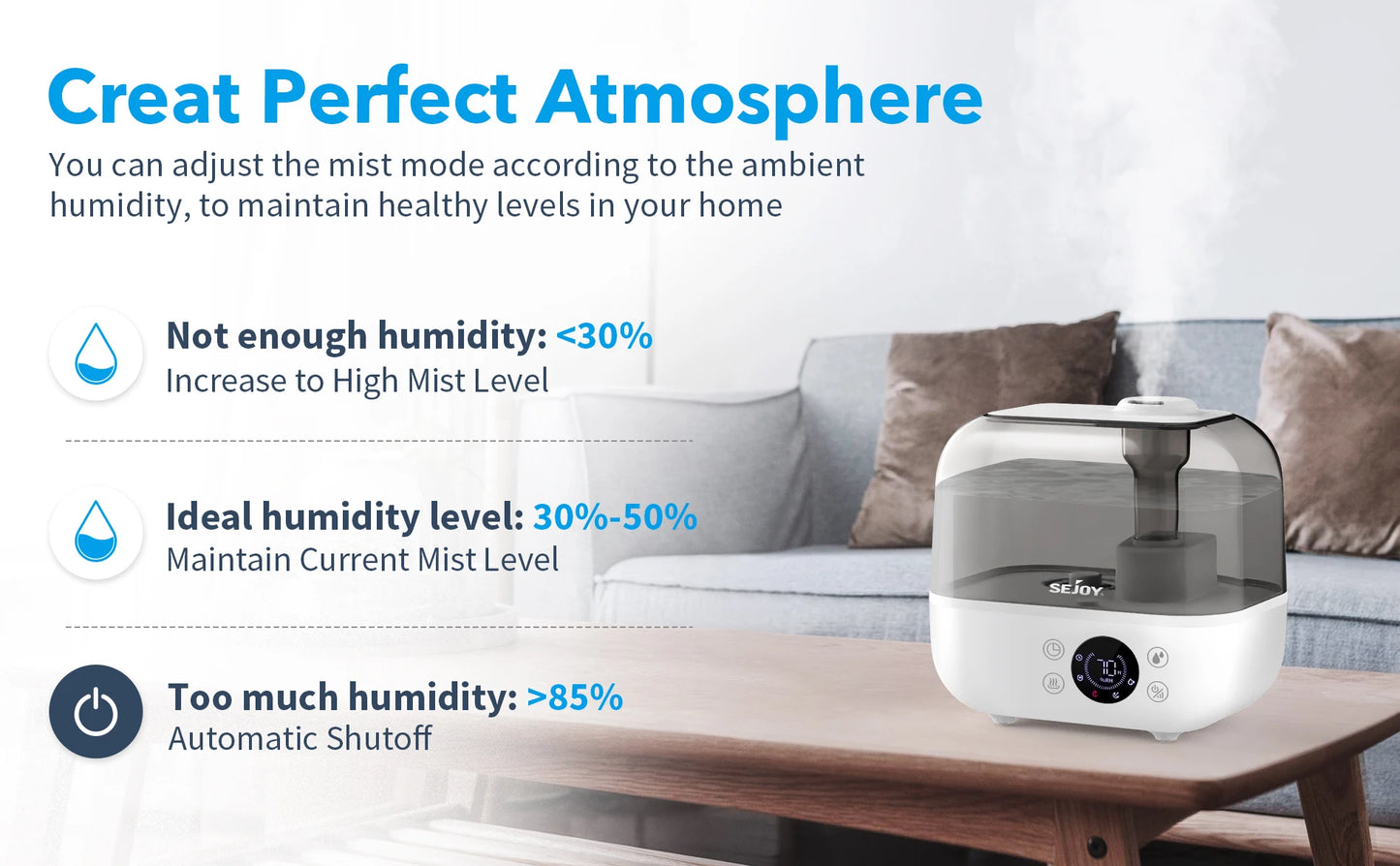 Sejoy Cool Mist Humidifiers for Bedroom Large Room 5L with Essential Oil Ultrasonic Humidifier for Home Baby Office Bedroom