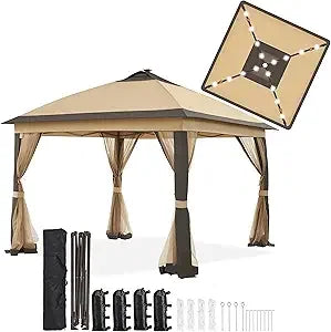11x11 Pop Up Gazebo Outdoor Canopy Shelter Instant Patio Gazebo Sun Shade Canopy Tent with 4 Sandbags Double Tiers and Mesh Net
