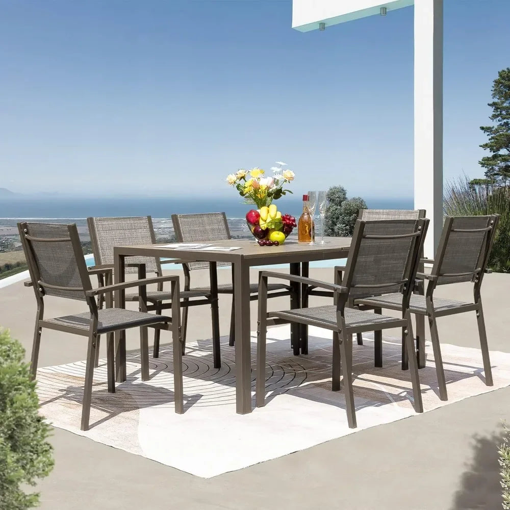 7 Piece Patio Dining Set with Weather Resistant Table and 6 Stackable Textilene Chairs for Garden Outdoor Furniture Set