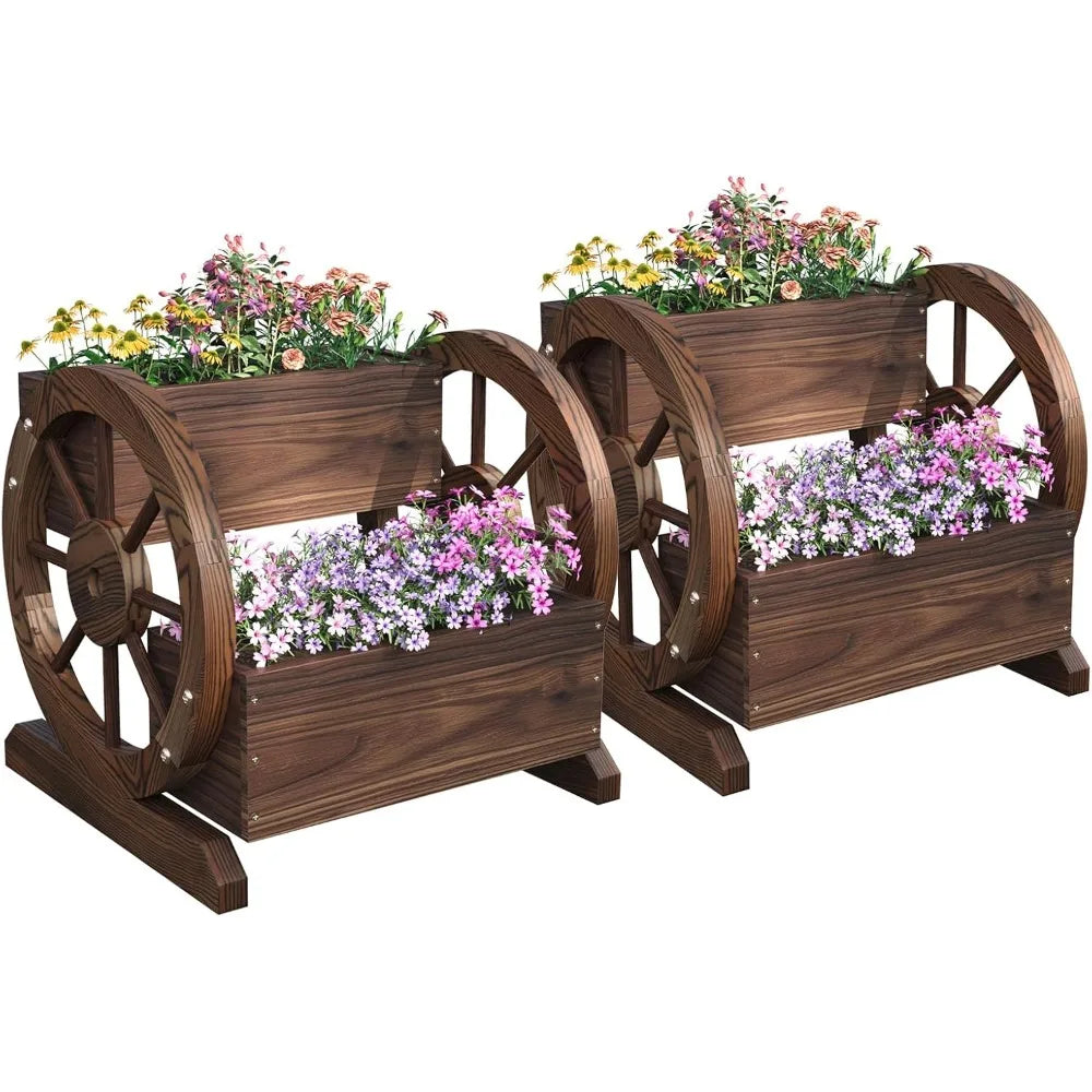 2 Tier Planter for Outdoor Plants Garden Decor Flower Pots Patio Decoration Herb Cart with Rustic Wood Wheels