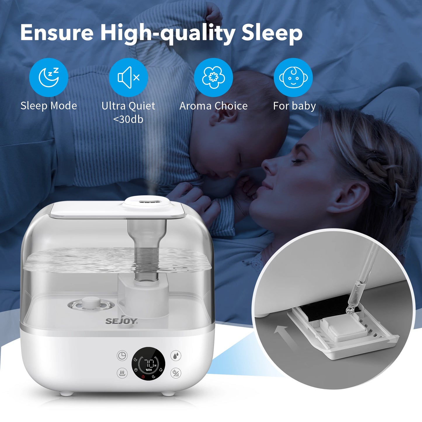 Sejoy Cool Mist Humidifiers for Bedroom Large Room 5L with Essential Oil Ultrasonic Humidifier for Home Baby Office Bedroom
