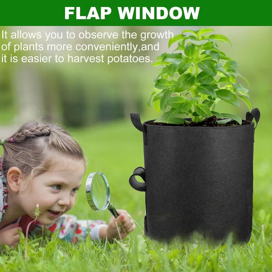 4Pack 10 Gallon Potato Grow Bags with Flap Window Heavy Duty Aeration Fabric Pots with Handles for Garden and Planting Black