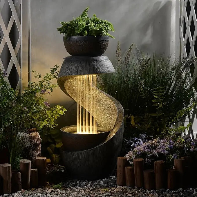 31.9" S-Shaped Water Outdoor Fountain–Modern Cascading Waterfall Feature with LED Lights & Planter Bowl, Garden Fountains Outdoo