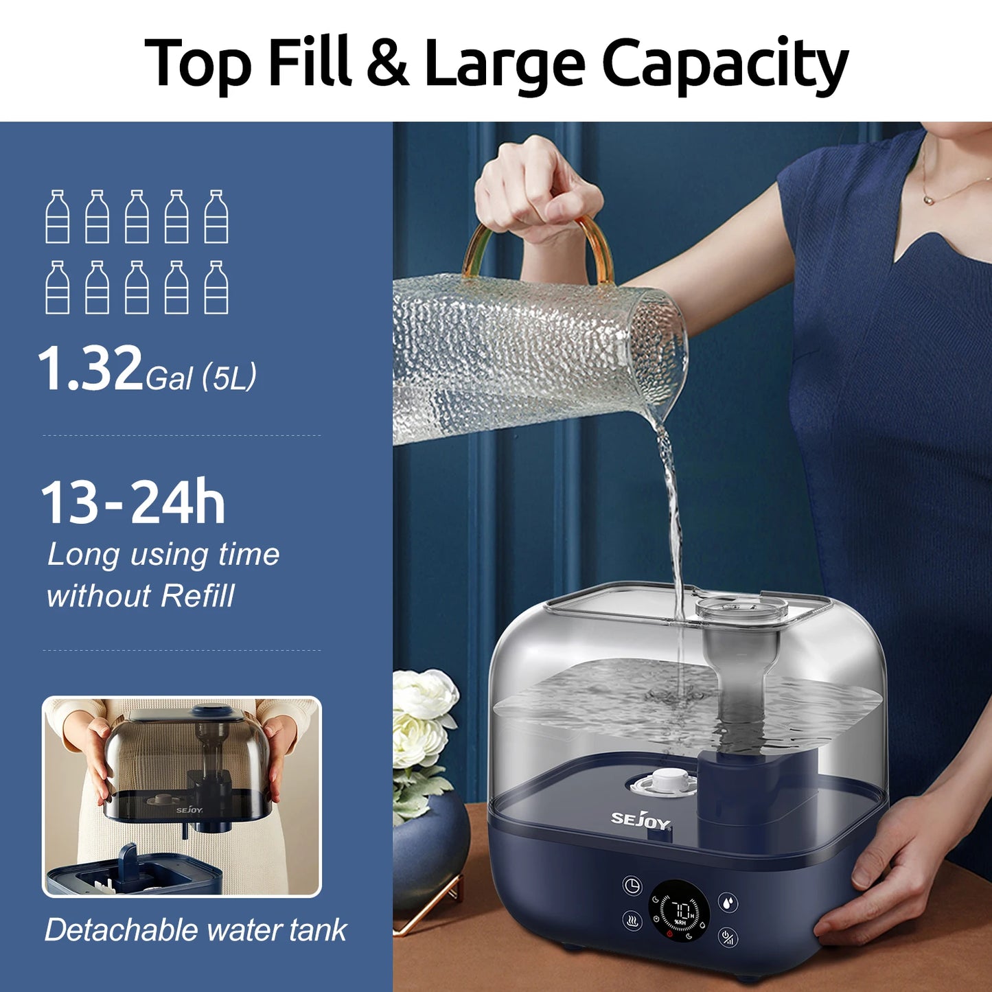 Sejoy Cool Mist Humidifiers for Bedroom Large Room 5L with Essential Oil Ultrasonic Humidifier for Home Baby Office Bedroom