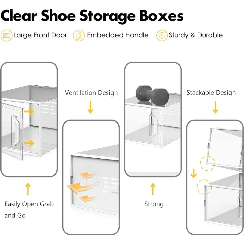 Clear Plastic Stackable Shoe Storage Box for Size 11 Sneakers Space Saving Organizer 12 Pack for Closet and Entryway