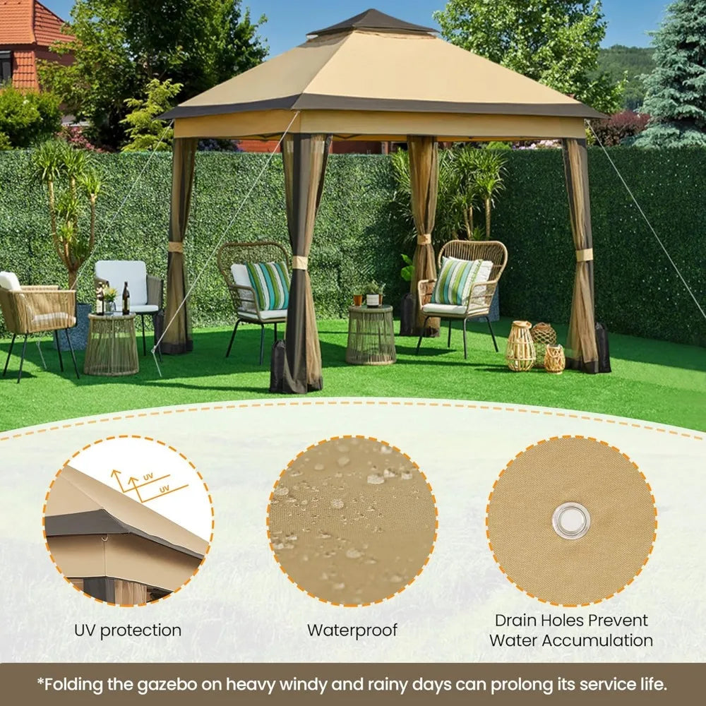 11x11 Pop Up Gazebo Outdoor Canopy Shelter Instant Patio Gazebo Sun Shade Canopy Tent with 4 Sandbags Double Tiers and Mesh Net