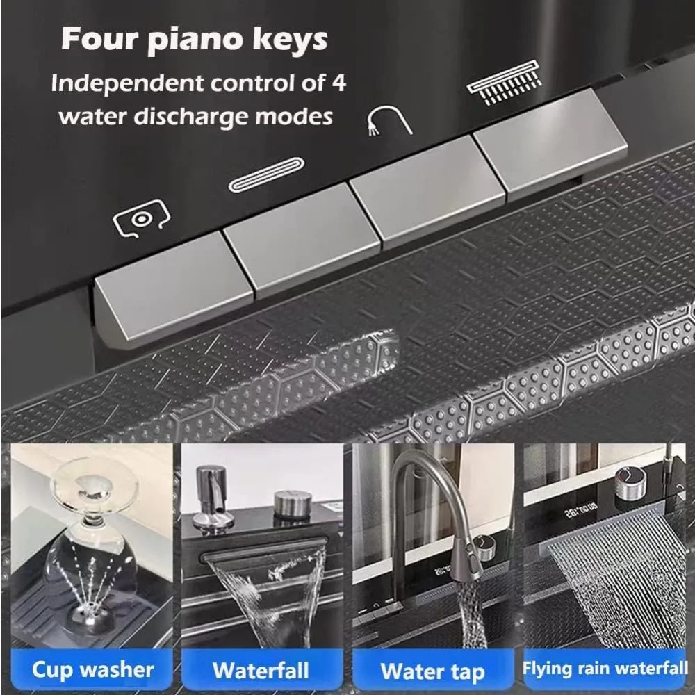 33x22 Inch Nano Black Kitchen Single Bowl Sink With Flying Rain Waterfall, Integrated Workstation, Pull-Out Tap, Drain Basket, T