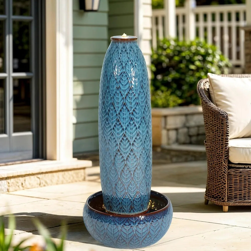 39" tall extra-large outdoor fountain with led lights, large ceramic vase water feature, soothing waterfalls for garden patio