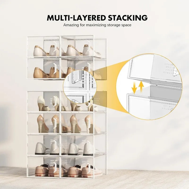 Clear Plastic Stackable Shoe Storage Box for Size 11 Sneakers Space Saving Organizer 12 Pack for Closet and Entryway