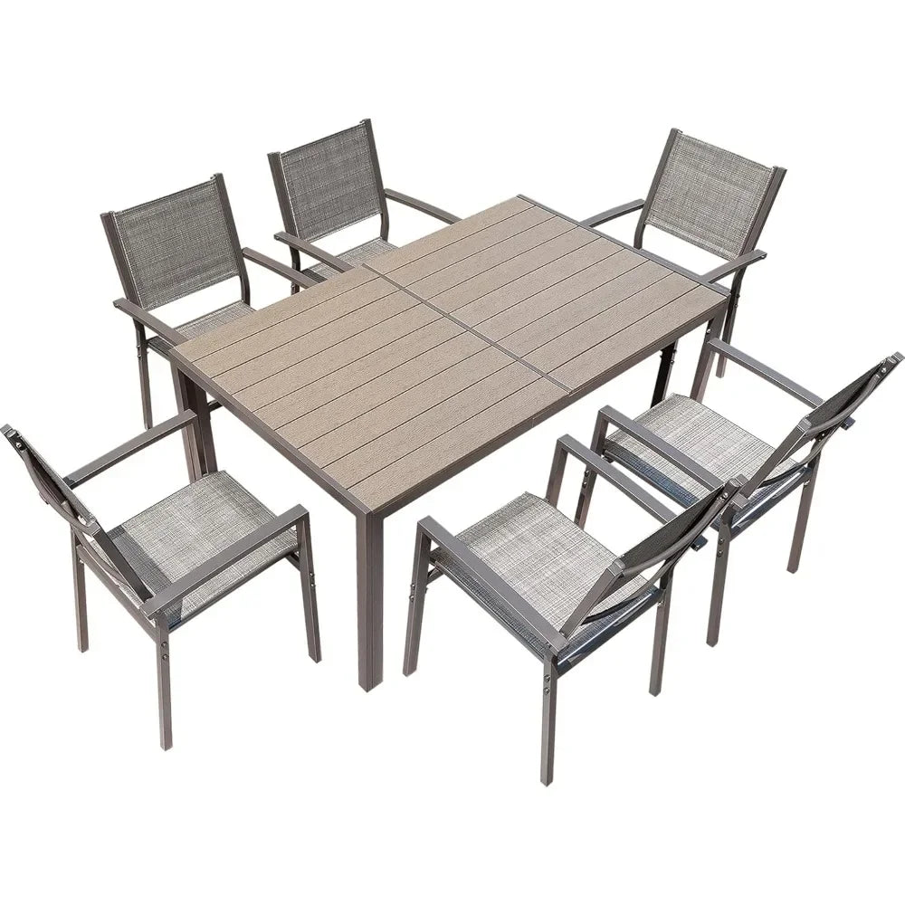 7 Piece Patio Dining Set with Weather Resistant Table and 6 Stackable Textilene Chairs for Garden Outdoor Furniture Set