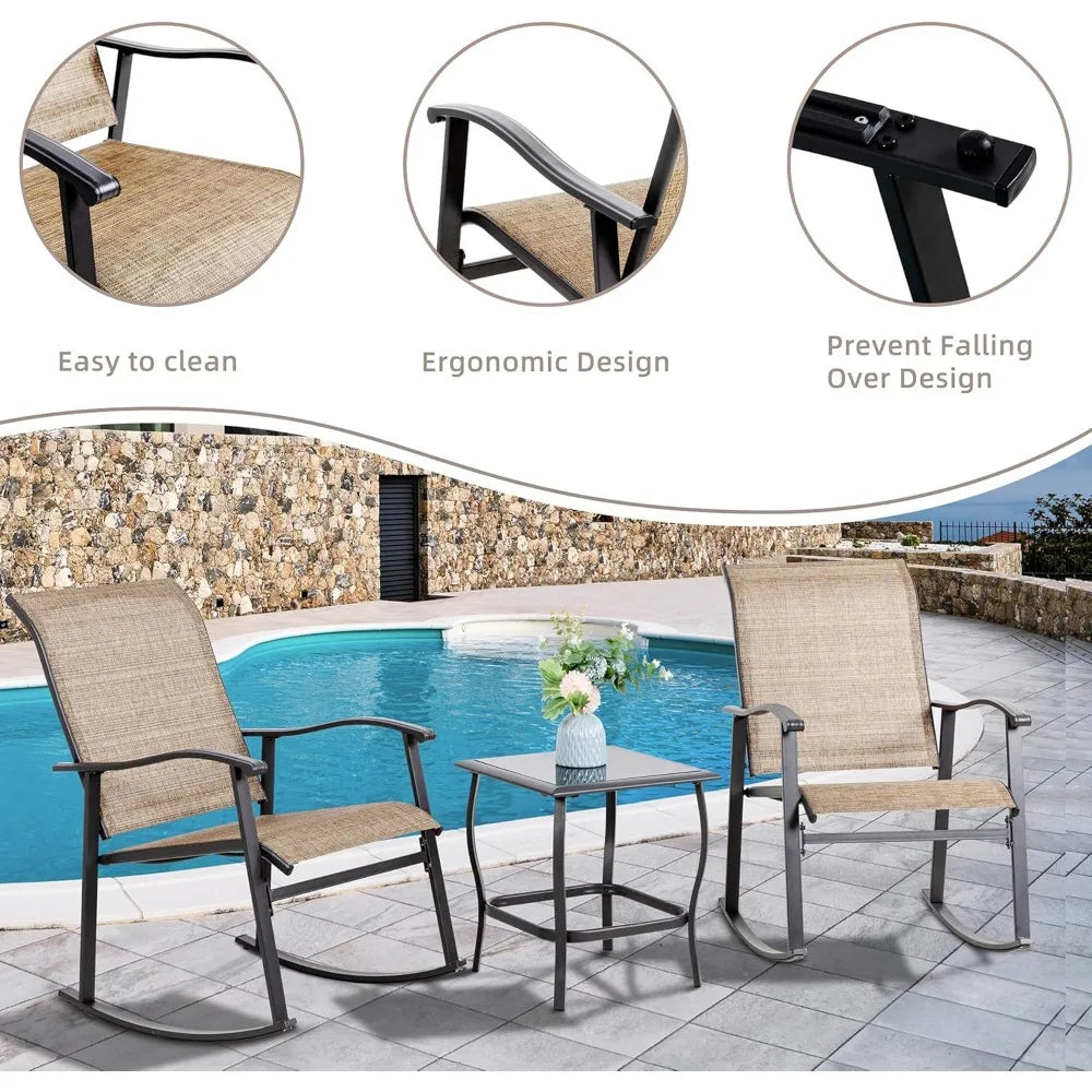 3 Piece Outdoor Rocking Bistro Set Textilene Fabric Small Patio Furniture Set Front Porch Rocker Chairs Conversation Set