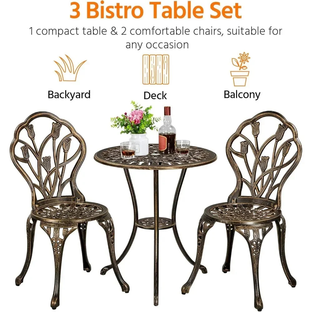 Patio Bistro Sets 3 Piece Outdoor Rust Resistant Cast Aluminum Garden Table and Chairs