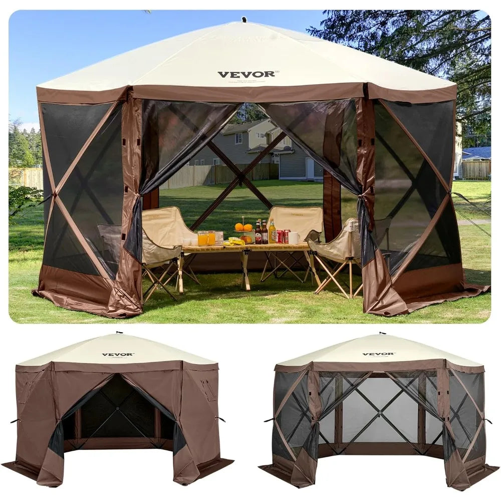 Camping Gazebo Screen Tent 10x10ft 6 Sided Pop Up Canopy Shelter with Mesh Windows Portable Carry Bag and Stakes Large