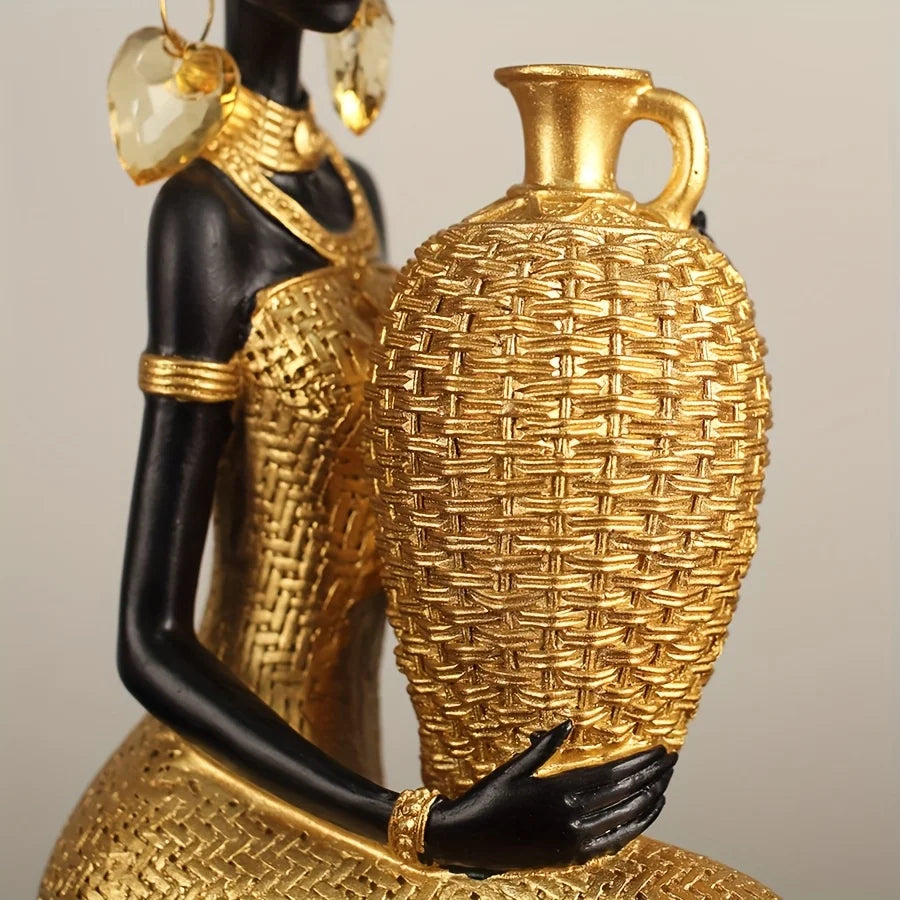 African Lady Resin Figurine with Woven Texture, Home decoration, Elegant Golden Black Sculpture, Decorative Statue For Gift