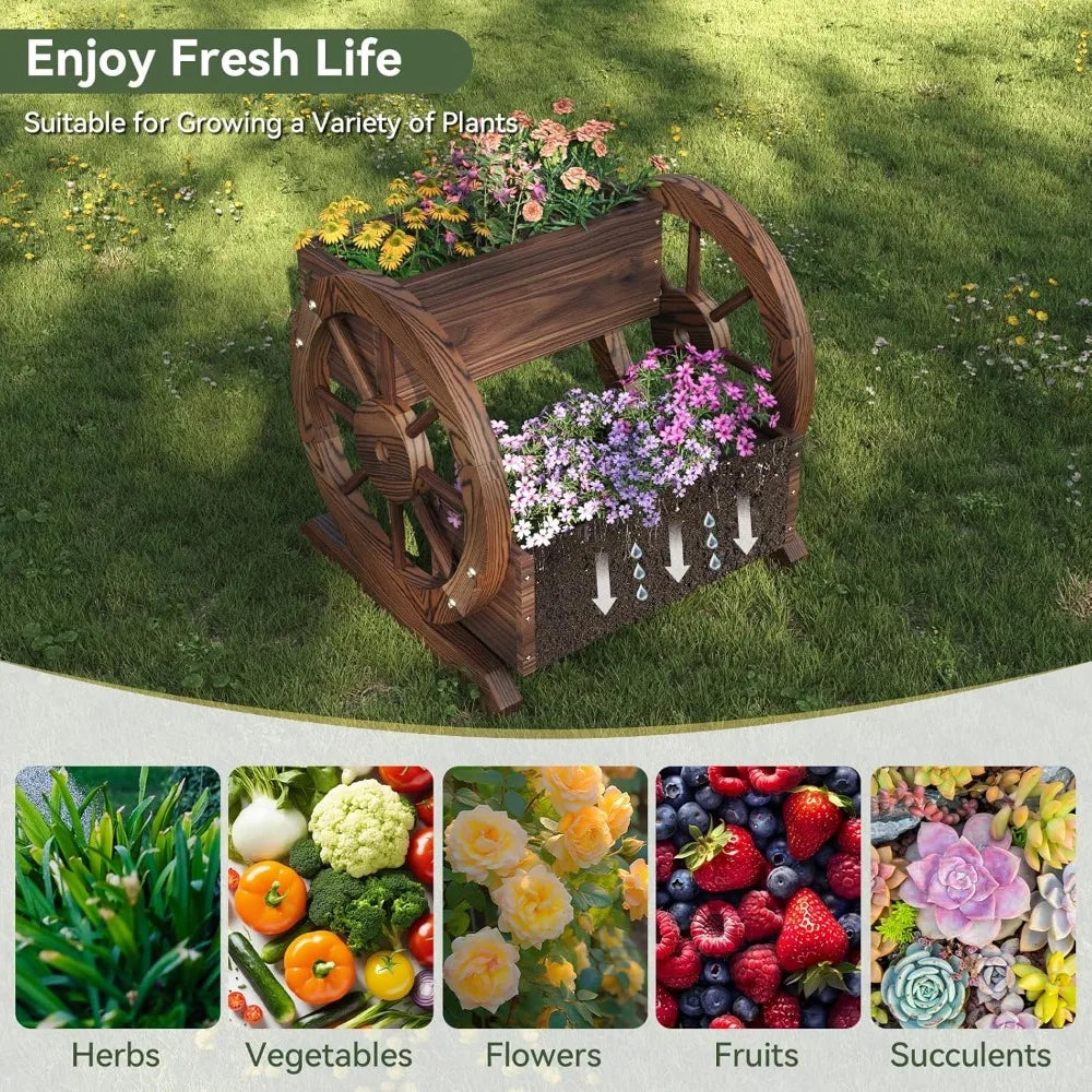 2 Tier Planter for Outdoor Plants Garden Decor Flower Pots Patio Decoration Herb Cart with Rustic Wood Wheels