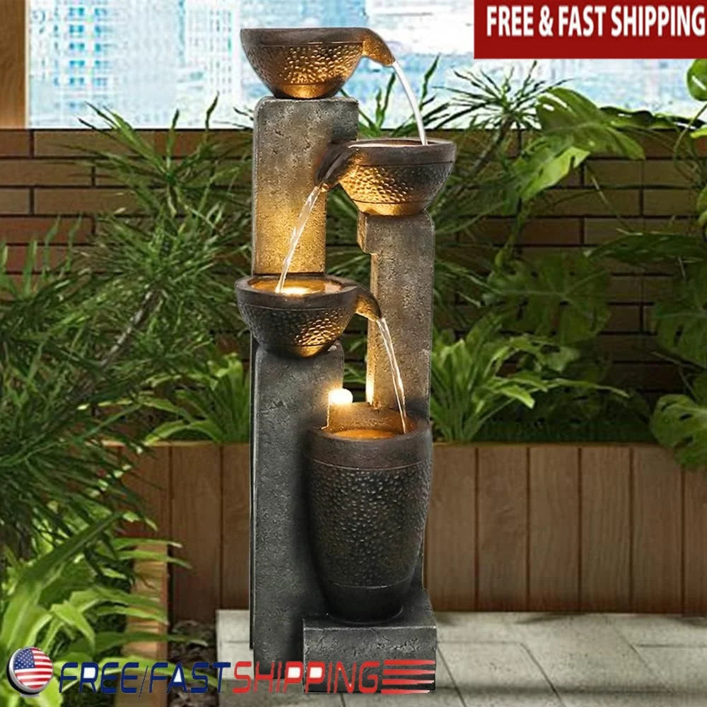 Lightweight 40 Inch 4 Tier Outdoor Garden Water Fountain with LED Light Electric Pump Relaxing Water Flow Home Patio Decor