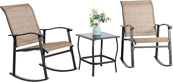 3 Piece Outdoor Rocking Bistro Set Textilene Fabric Small Patio Furniture Set Front Porch Rocker Chairs Conversation Set