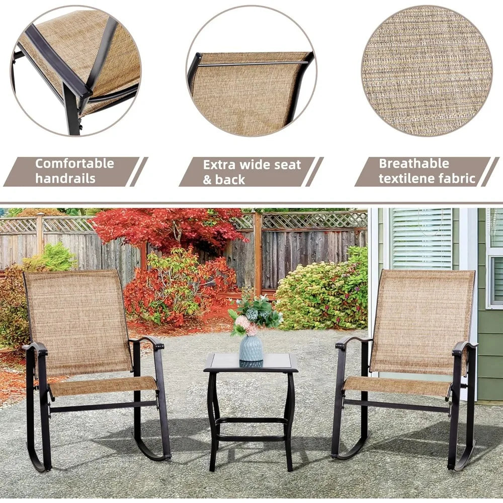 3 Piece Outdoor Rocking Bistro Set Textilene Fabric Small Patio Furniture Set Front Porch Rocker Chairs Conversation Set