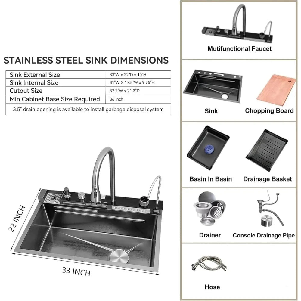 33x22 Inch Nano Black Kitchen Single Bowl Sink With Flying Rain Waterfall, Integrated Workstation, Pull-Out Tap, Drain Basket, T