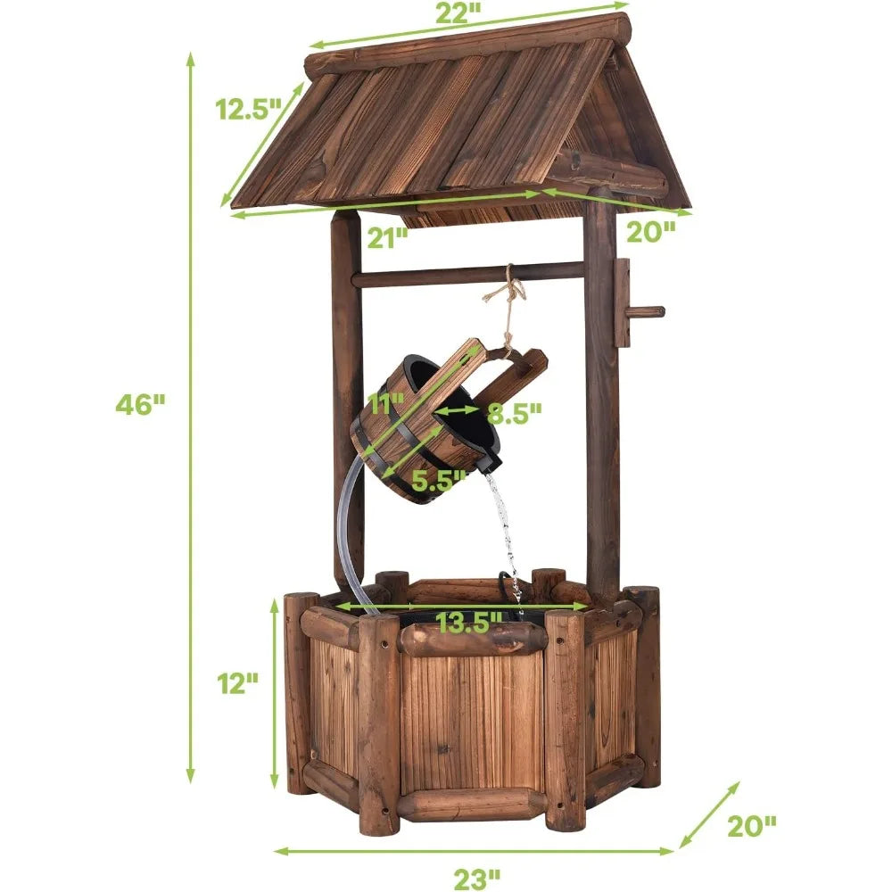 Wishing Well Water Fountain, Rustic Wood Outdoor Waterfall Fountain with UL Certificated, Garden Wishing Well, Electric Pump Wi