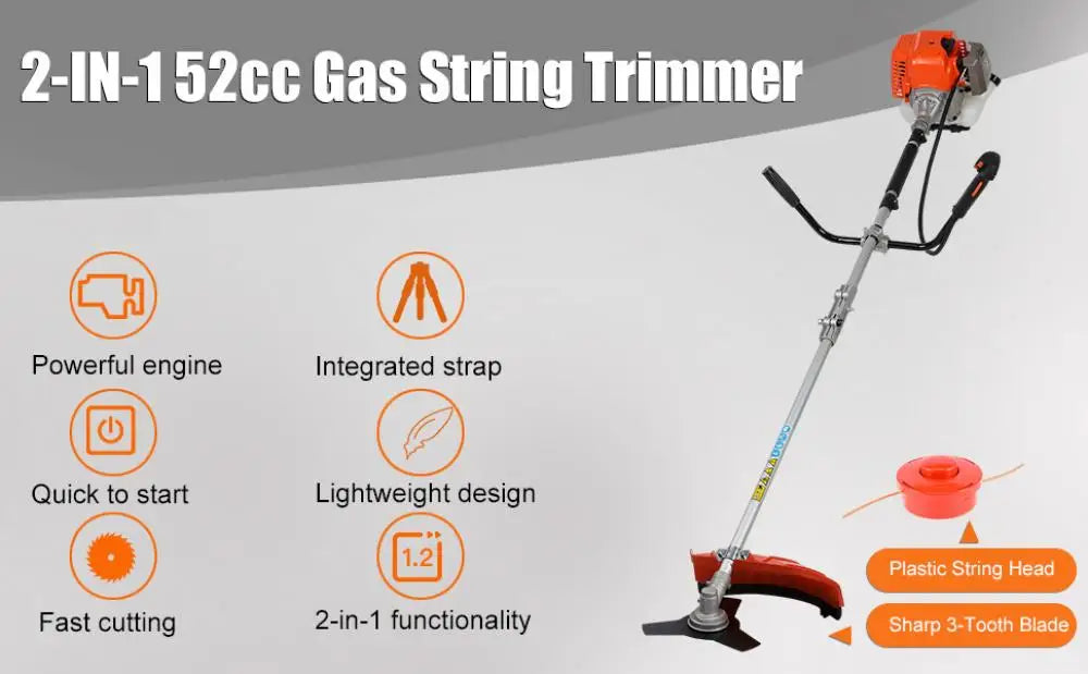 2200W Cordless Petrol Weed Eater 52CC 8500RPM Ergonomic String Trimmer Low Noise 2 In 1 Lawn Mower Machine