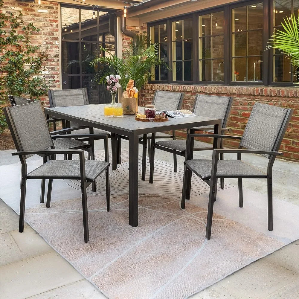 7 Piece Patio Dining Set with Weather Resistant Table and 6 Stackable Textilene Chairs for Garden Outdoor Furniture Set