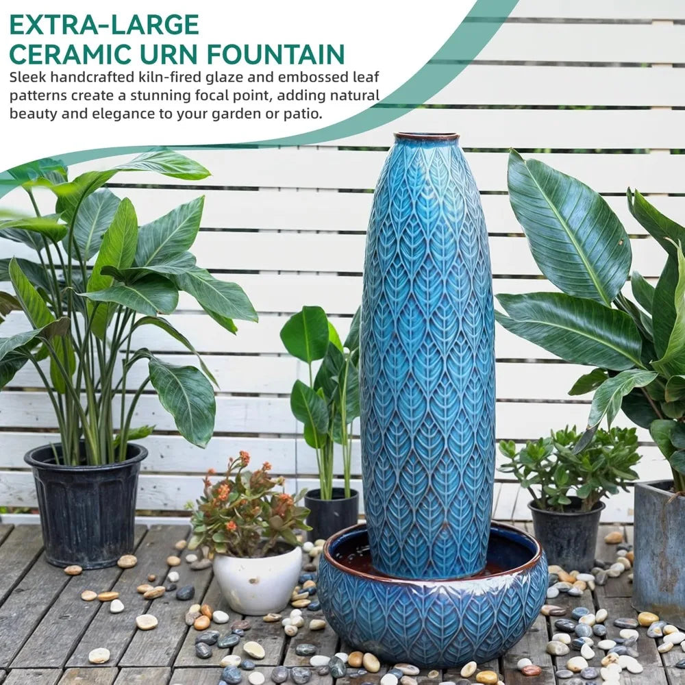 39" tall extra-large outdoor fountain with led lights, large ceramic vase water feature, soothing waterfalls for garden patio