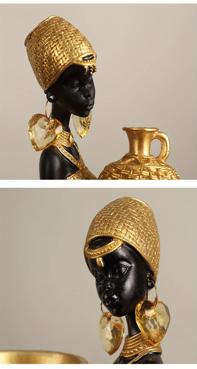 African Lady Resin Figurine with Woven Texture, Home decoration, Elegant Golden Black Sculpture, Decorative Statue For Gift