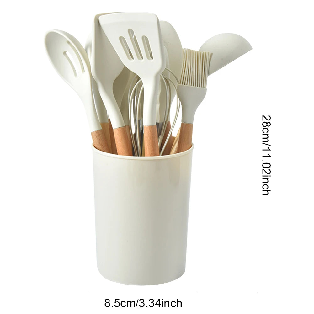 12Pcs Kitchen Utensil Set Silicone Spatula Set Wooden Handle Non-Stick Spatula Set Spatula Spoon Brush Whisk Kitchen Supplies