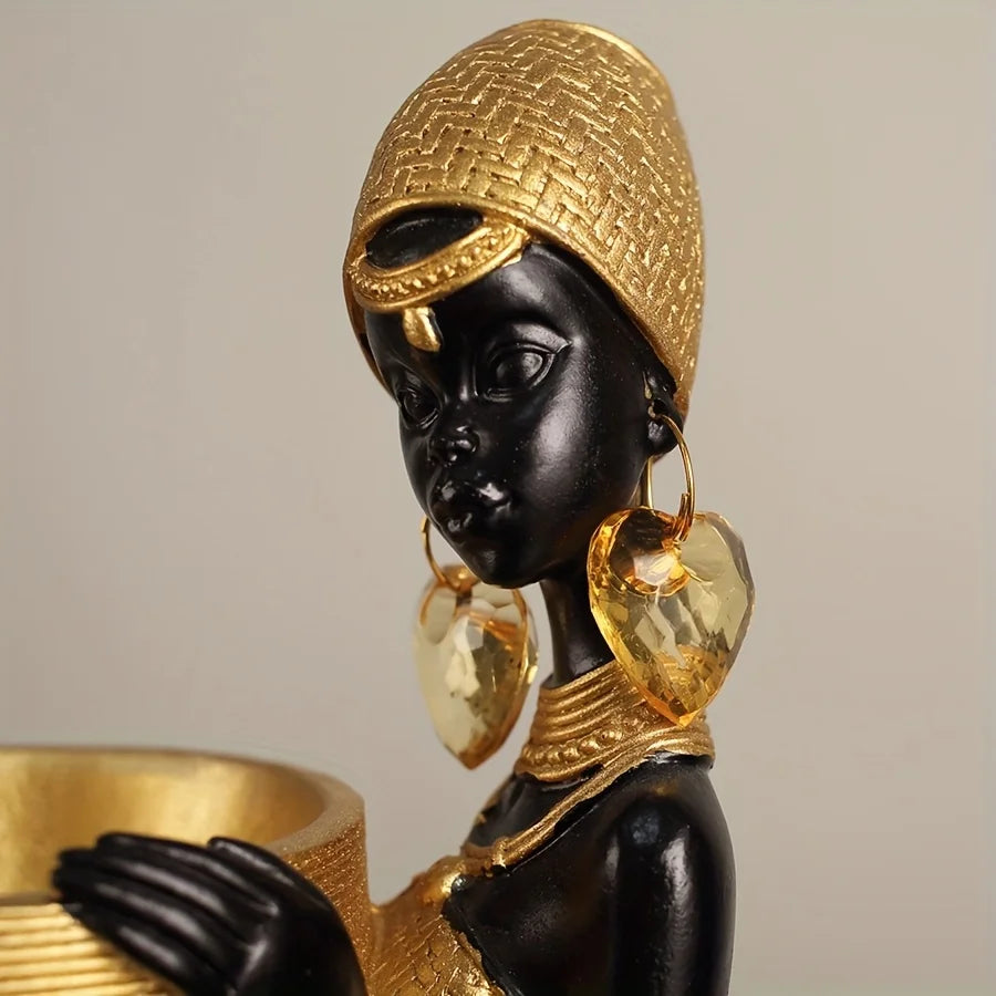 African Lady Resin Figurine with Woven Texture, Home decoration, Elegant Golden Black Sculpture, Decorative Statue For Gift