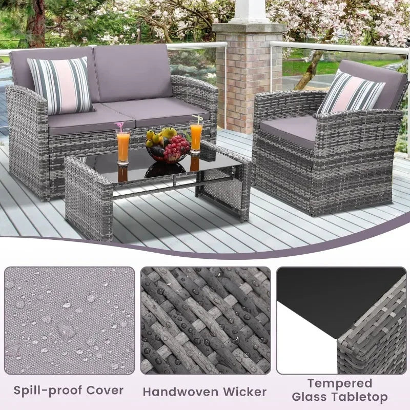 4 Pieces Patio Conversation Set with Cushioned Rattan Sectional Sofa Ideal for Garden Porch and Backyard in Grey Color
