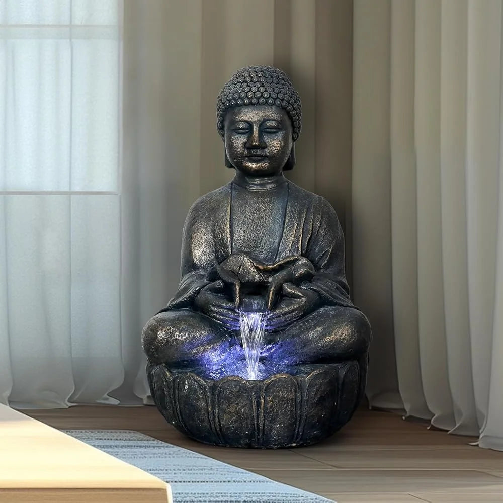 Buddha Water Fountain 28.3 Inch Zen Garden Decor Meditating Buddha Waterfall Relaxing Indoor Outdoor Feature with LED Light