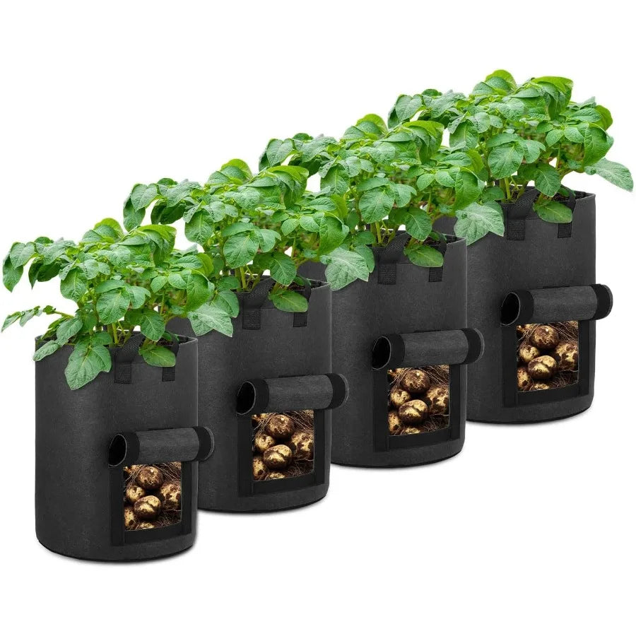 4Pack 10 Gallon Potato Grow Bags with Flap Window Heavy Duty Aeration Fabric Pots with Handles for Garden and Planting Black