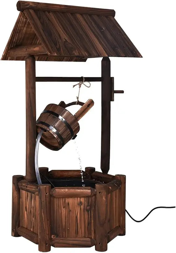Wishing Well Water Fountain, Rustic Wood Outdoor Waterfall Fountain with UL Certificated, Garden Wishing Well, Electric Pump Wi