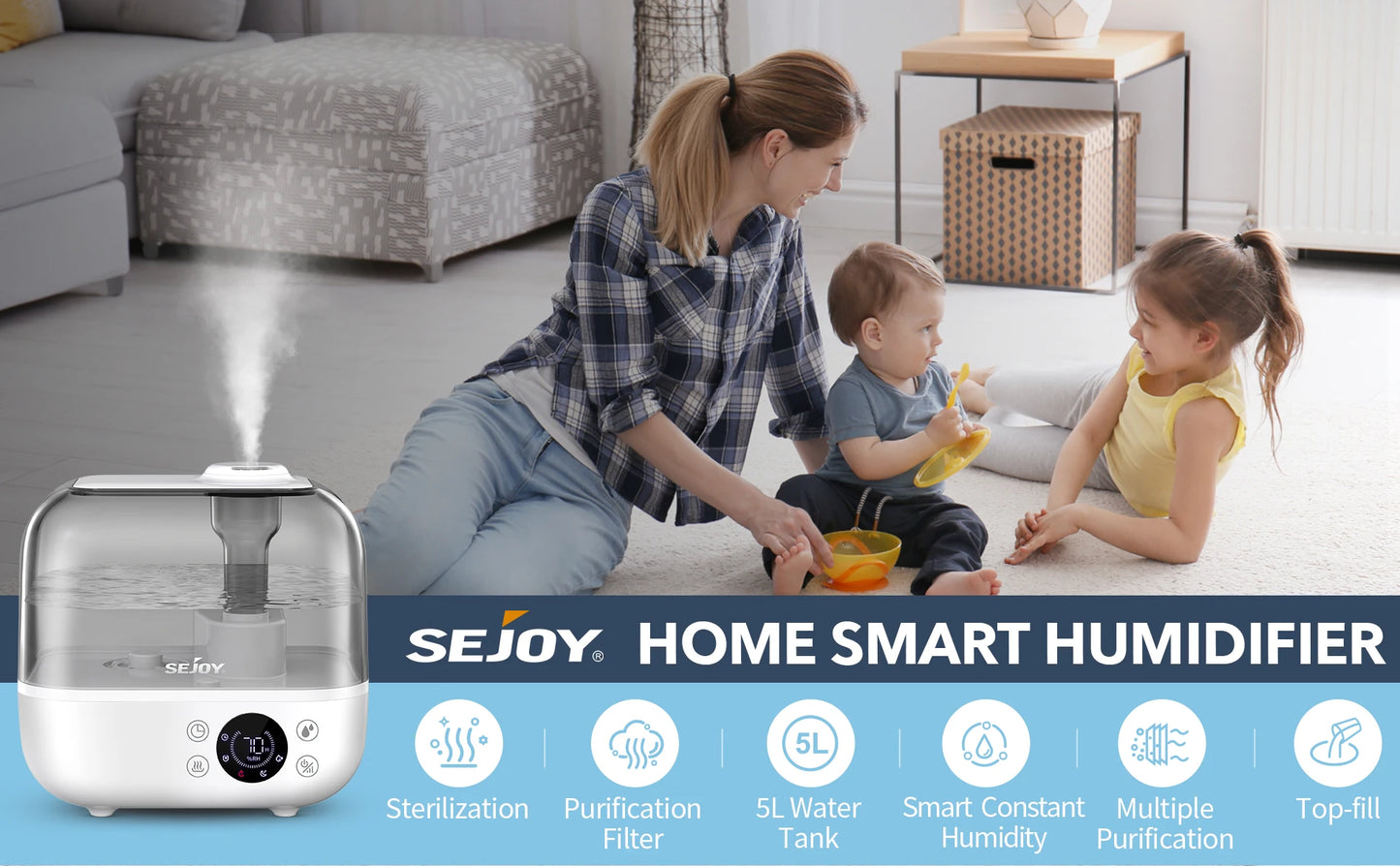 Sejoy Cool Mist Humidifiers for Bedroom Large Room 5L with Essential Oil Ultrasonic Humidifier for Home Baby Office Bedroom