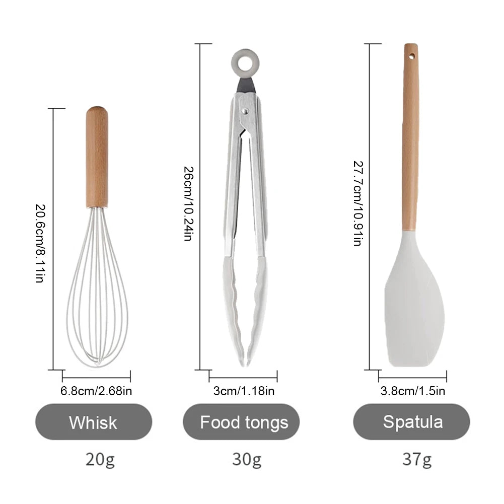 12Pcs Kitchen Utensil Set Silicone Spatula Set Wooden Handle Non-Stick Spatula Set Spatula Spoon Brush Whisk Kitchen Supplies