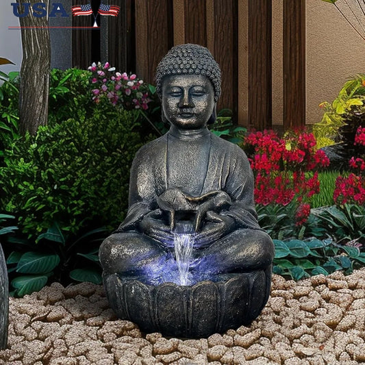 Buddha Water Fountain 28.3 Inch Zen Garden Decor Meditating Buddha Waterfall Relaxing Indoor Outdoor Feature with LED Light